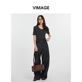 VIMAGE纬漫纪简约灰色圆领修身针织短袖T恤上衣2025夏季新款V2301928