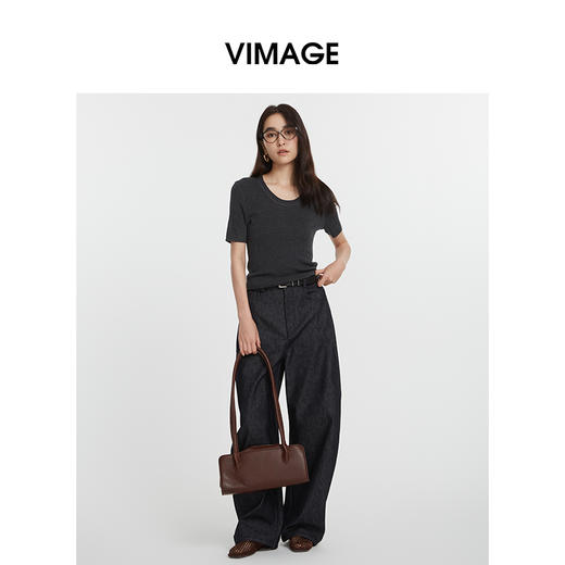 VIMAGE纬漫纪简约灰色圆领修身针织短袖T恤上衣2025夏季新款V2301928 商品图0