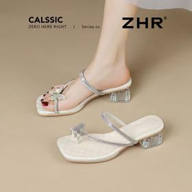 ZHR水钻拖鞋女2025新款夏季时尚夹趾拖鞋外穿洋气蝴蝶结粗跟女鞋