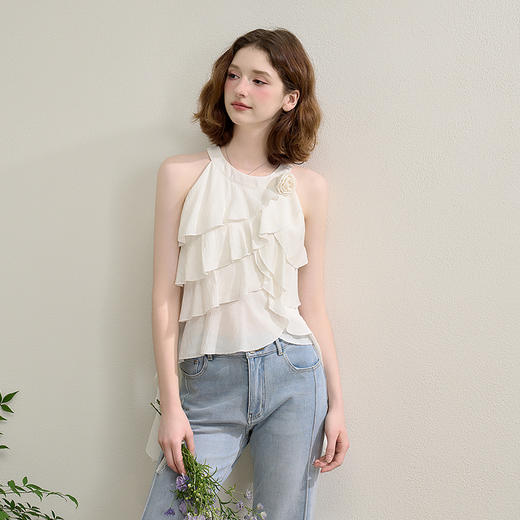 【伊甸园玫瑰】纯欲不规则荷叶边挂脖无袖衬衫女春夏衬衣V0750288 商品图3