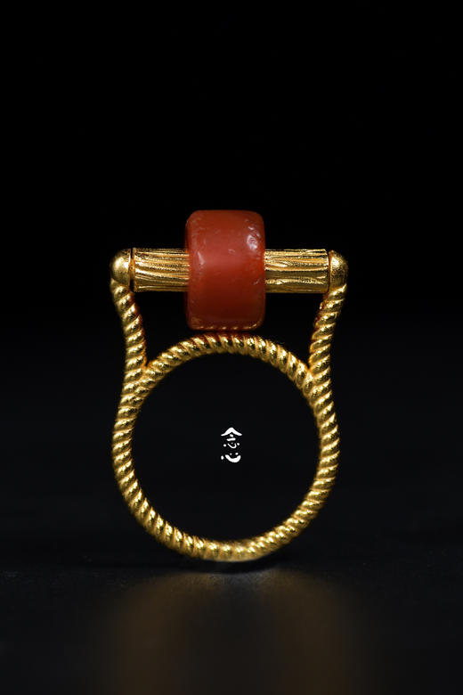 红玛瑙车轮珠银鎏金镶嵌戒指 商品图0