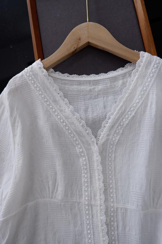 直发【2387】法式泡泡袖100%棉肌理小众设计感V领短袖衬衫 商品图8