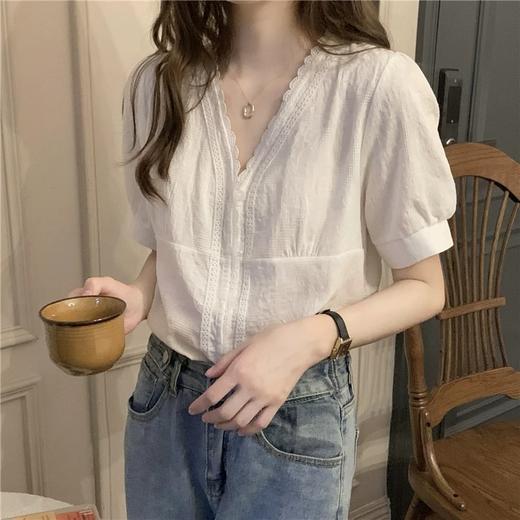 直发【2387】法式泡泡袖100%棉肌理小众设计感V领短袖衬衫 商品图4