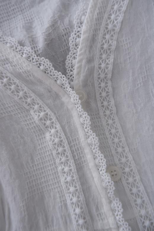 直发【2387】法式泡泡袖100%棉肌理小众设计感V领短袖衬衫 商品图6