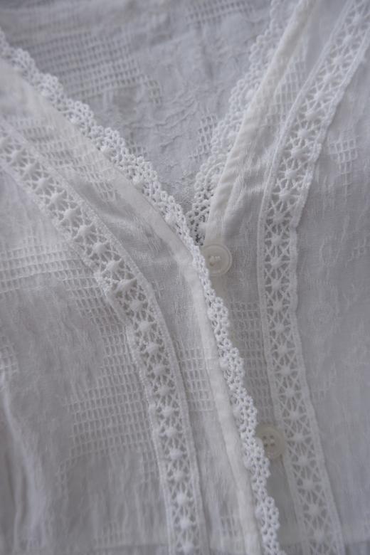 直发【2387】法式泡泡袖100%棉肌理小众设计感V领短袖衬衫 商品图2