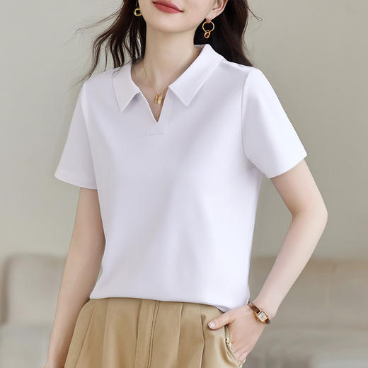 雀说polo领短袖t恤女新款爆款正肩纯色半袖洋气减龄显瘦上衣AL20070 商品图7