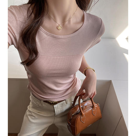 ✨莱赛尔天丝韩系女装【小圆领正肩t恤】女短袖高级拼接收腰设计感上衣 商品图0