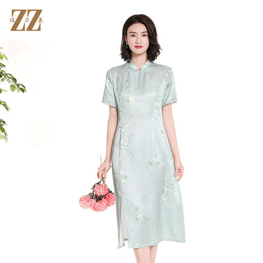 佐尔美夏季新款新中式国风旗袍桑蚕丝短袖连衣裙女M42LS93 商品图0