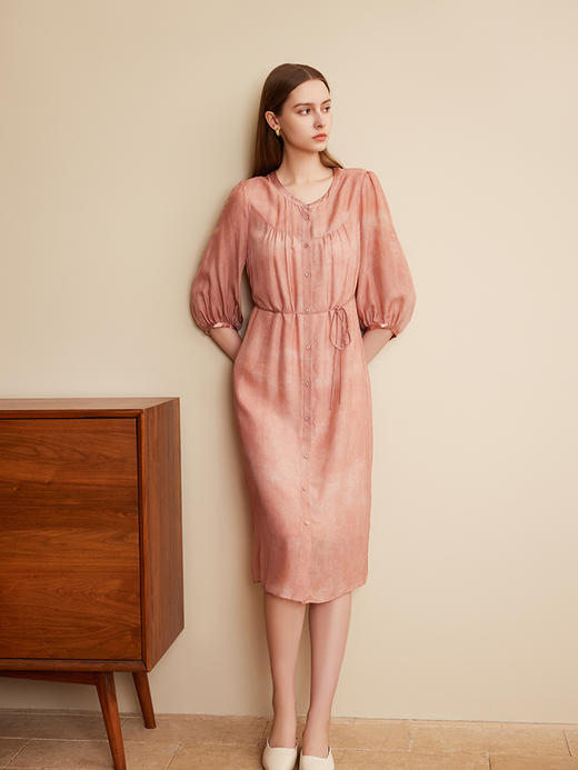 【圆领真丝衬衫裙】25年夏季新品女士100%桑蚕丝时尚七分袖系带收腰裙子 商品图2