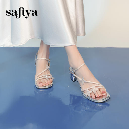 Safiya/索菲娅2025时尚闪钻一字带方头粗跟露趾气质通勤凉鞋 SFD2115418 商品图2