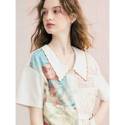 两三事优雅起义2025夏季新款小清新印花布拼接绑带绣花翻领衬衫女 商品图2