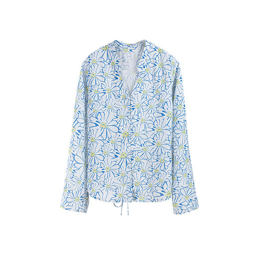 绽放294朵/【入蓝系列】雏菊亚麻竹节印花立领系带短外套防晒衫女 商品图4