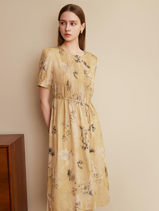 【复古中国风真丝连衣裙】25年夏季新品女士100%桑蚕丝圆领系带收腰中长款裙子 商品图1