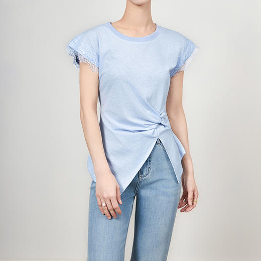 「高货wl」全新升级【铂金会员165/天猫219/差价54】(14459)洛诗琳夏季新款小众设计感蕾丝拼接褶皱收腰显瘦圆领T恤 商品图1