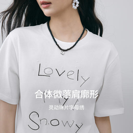 【严选】诗凡黎刺绣字母图案凉感T恤2025夏新款蕾丝拼接宽松百搭短袖上衣7G5301431 商品图2