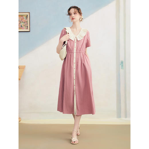 两三事 云游诗人 2025夏季新款小清新拼色压褶翻领绑带a字连衣裙 商品图3