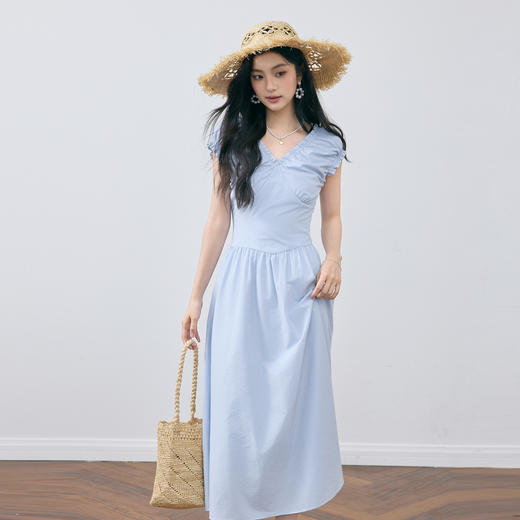 【严选】诗凡黎法式V领连衣裙2025夏新款弹力袖掐腰飞飞袖设计感茶歇裙7G5390521 商品图4