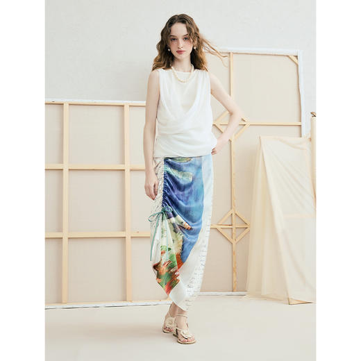 两三事雾霭私语2025夏新款时尚雪纺荡领拼接针织米白色背心女宽松 商品图3