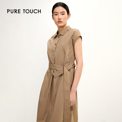 PURE TOUCH卡其色无袖翻领系带衬衫式连衣裙 1349242106 商品图0