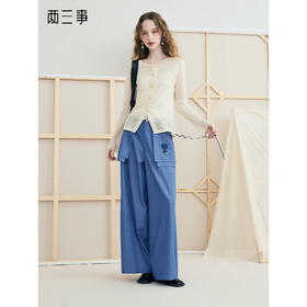 两三事 潮汐心笺 2025夏季新款时尚编织绳腰带刺绣阔腿休闲裤女