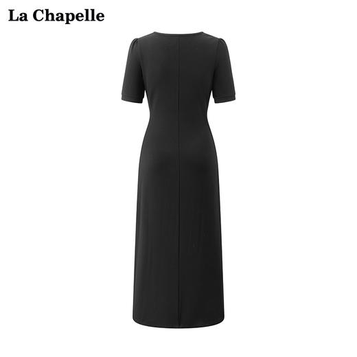 会员福利【通勤时髦小黑裙】拉夏贝尔/La Chapelle气质高级感收腰短袖开叉长款连衣裙 商品图2