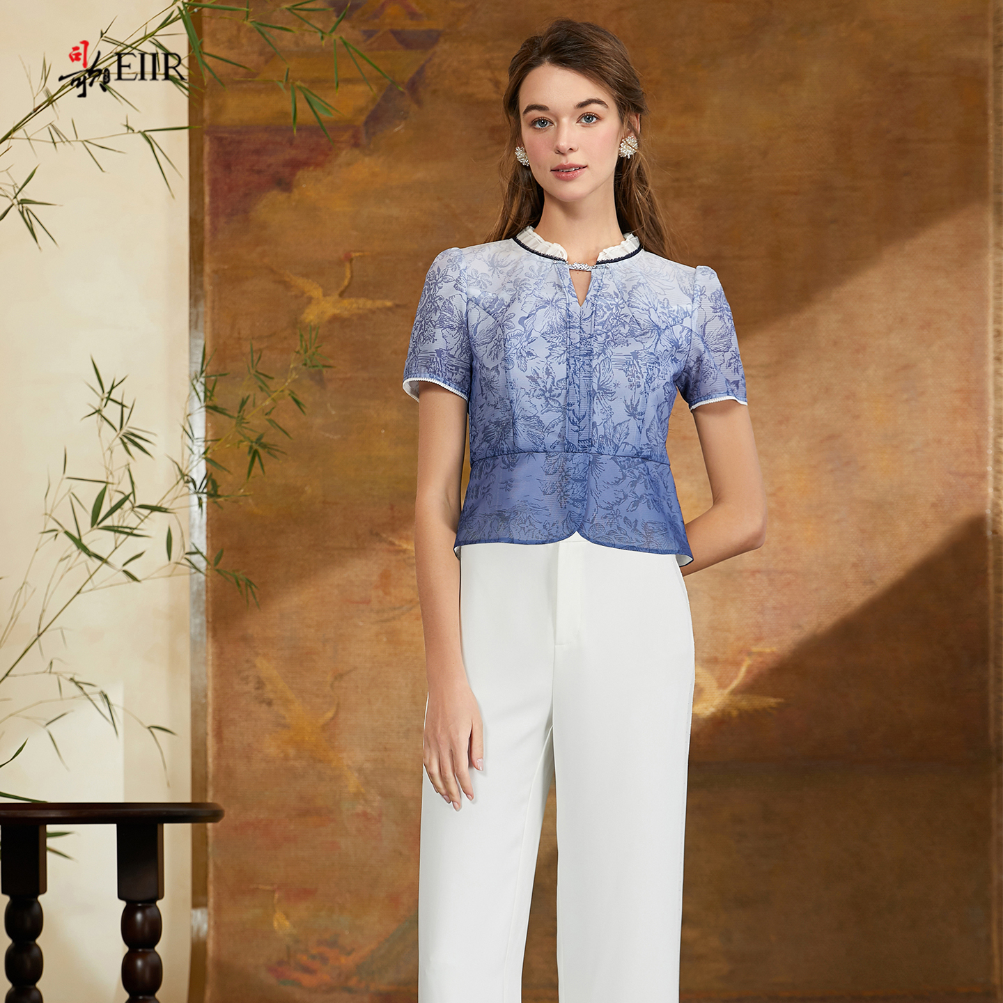 司歌渐变印花国风短袖上衣女收腰T911103X