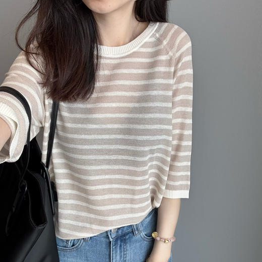 柜上1700！禾家新款天丝亚麻圆领宽松夹条纹短袖套衫夏女款！ 商品图1