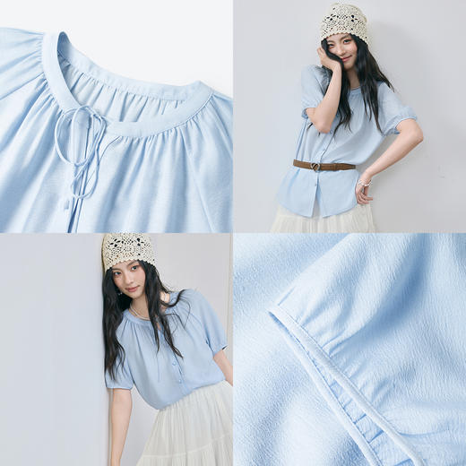 【严选】诗凡黎蓝色系带泡泡袖雪纺衫2025夏新款亲肤舒适温柔感减龄短袖女7G5120771 商品图3