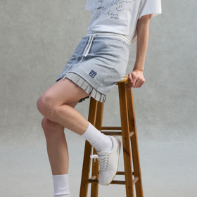 GOODBAI 23编号logo印花网面花边抽绳低腰短裙