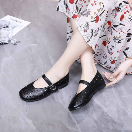 雀说一字带镂空玛丽珍凉鞋女真皮复古平底四季舒适圆头浅口单鞋AL7705 商品图3