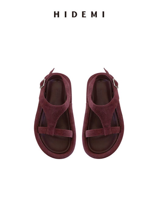HIDEMI度假系列酒红色麂皮拼接摩登大气厚底增高露趾凉鞋 商品图6
