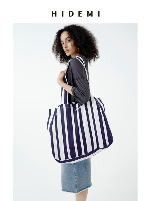 HIDEMI 度假系列慵懒蓝白条纹多重水洗帆布包tote托特包 商品图4