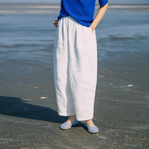 绽放291朵/【入蓝系列】舒适百搭清爽纯亚麻显瘦直筒休闲裤女夏季 商品图0