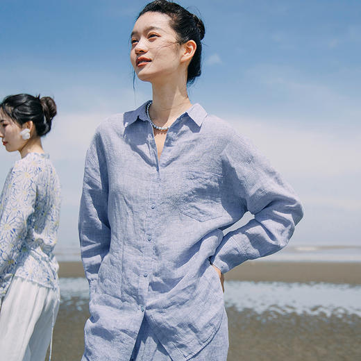 绽放女装274-281朵/【入蓝系列】色织亚麻宽松衬衫阔腿休闲裤套装 商品图1