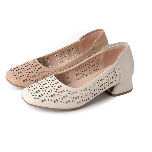 雀说浅口单鞋真皮洞洞浅口打孔镂空中跟凉鞋舒适四季单鞋AL1501 商品图4