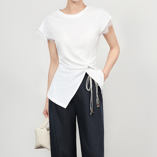 「高货wl」全新升级【铂金会员165/天猫219/差价54】(14459)洛诗琳夏季新款小众设计感蕾丝拼接褶皱收腰显瘦圆领T恤 商品图2