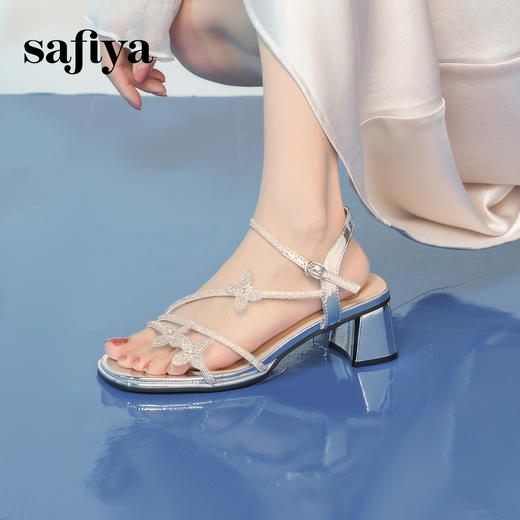 Safiya/索菲娅2025时尚闪钻一字带方头粗跟露趾气质通勤凉鞋 SFD2115418 商品图3