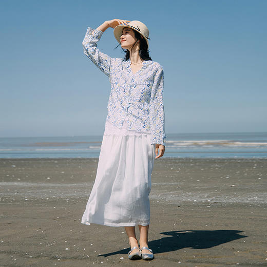 绽放294朵/【入蓝系列】雏菊亚麻竹节印花立领系带短外套防晒衫女 商品图0