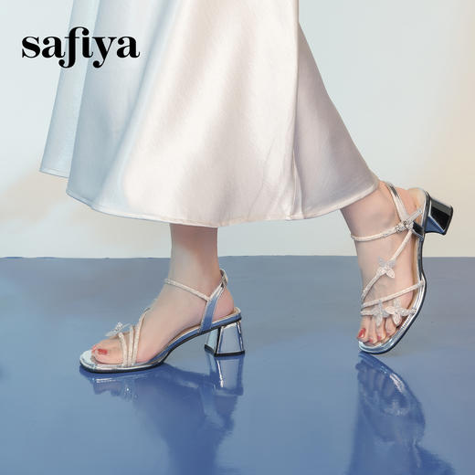 Safiya/索菲娅2025时尚闪钻一字带方头粗跟露趾气质通勤凉鞋 SFD2115418 商品图1