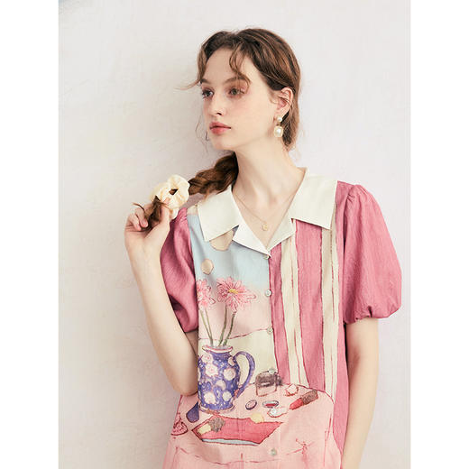 两三事 粉调人生 2025夏季新款文艺风油画印花泡泡袖衬衫女宽松 商品图2