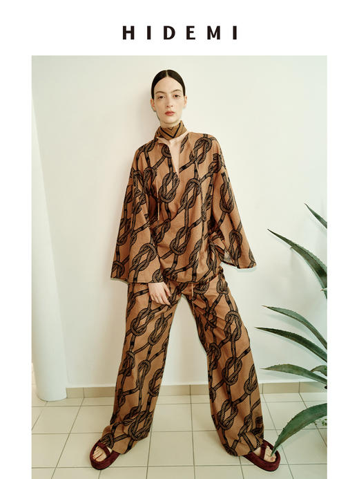 HIDEMI度假系列甄选进口多重水洗原创手绘绳铆七分袖印花衬衫阔腿裤套装 系带衬衫/阔腿裤 商品图5