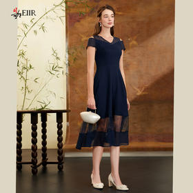 司歌v领拼蕾丝收腰短袖连衣裙A911114X