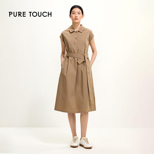PURE TOUCH卡其色无袖翻领系带衬衫式连衣裙 1349242106 商品图1