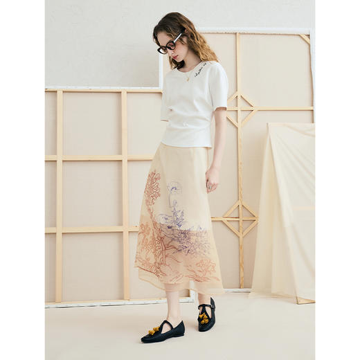 两三事 雾色渐隐 2025夏季新款优雅印花透视欧根纱高腰半身裙 商品图2