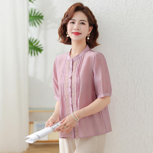 CH25039中年妈妈夏装棉麻套装2025新款中老年宽松短袖气质绣上衣 商品图2