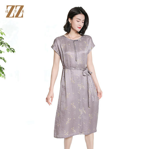 佐尔美夏季新款新中式国风桑蚕丝短袖连衣裙女M42LS100 商品图3