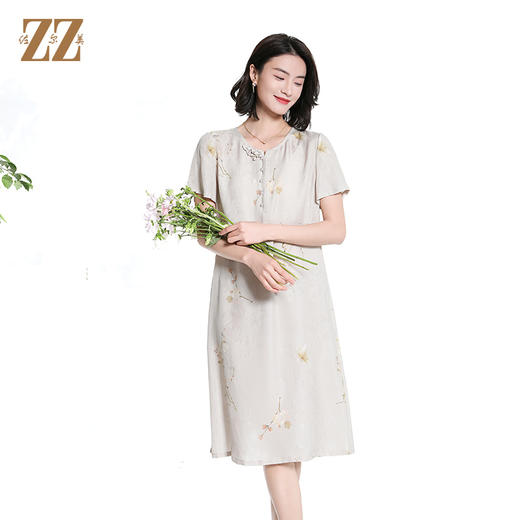 佐尔美夏季新款新中式国风桑蚕丝短袖连衣裙女M42LS95 商品图2