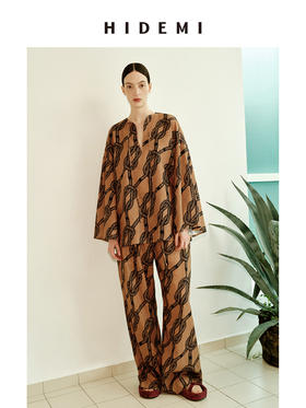 HIDEMI度假系列甄选进口多重水洗原创手绘绳铆七分袖印花衬衫阔腿裤套装 系带衬衫/阔腿裤