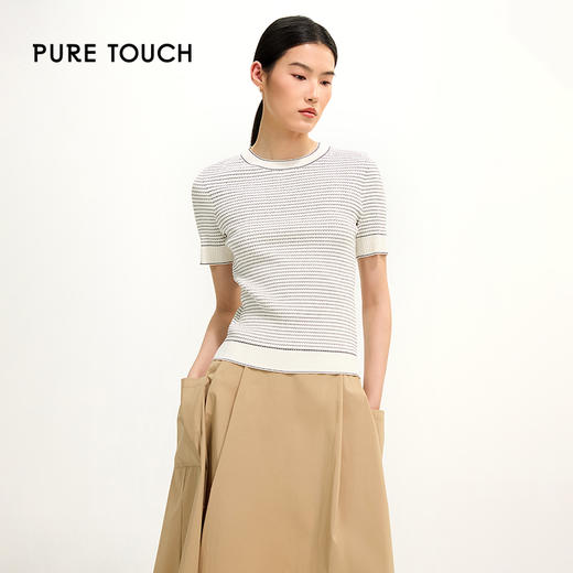 PURE TOUCH简约黑白条纹圆领短袖针织衫 1346242115 商品图0