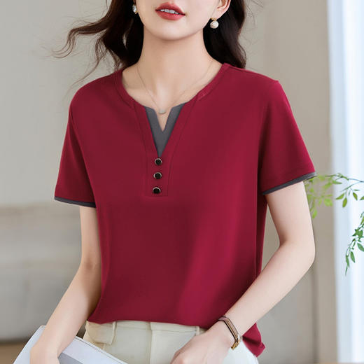 雀说正肩v领短袖t恤女新款夏季爆款女装宽松假两件上衣中年体恤衫AL20083 商品图3